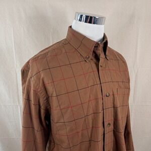 Orvis Large Regular Fit Button Down Shirt Brown Tattersall Plaid Cotton Mens